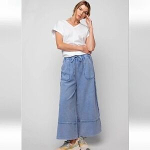 Easel mineral-washed terry knit wide-leg utility pants | Denim Blue | Sz 2XL NWT